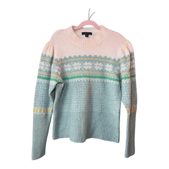J. CREW Fair Isle Puff Sleeve Crew Neck Merino Wool Blend Sweater M - Picture 4 of 10